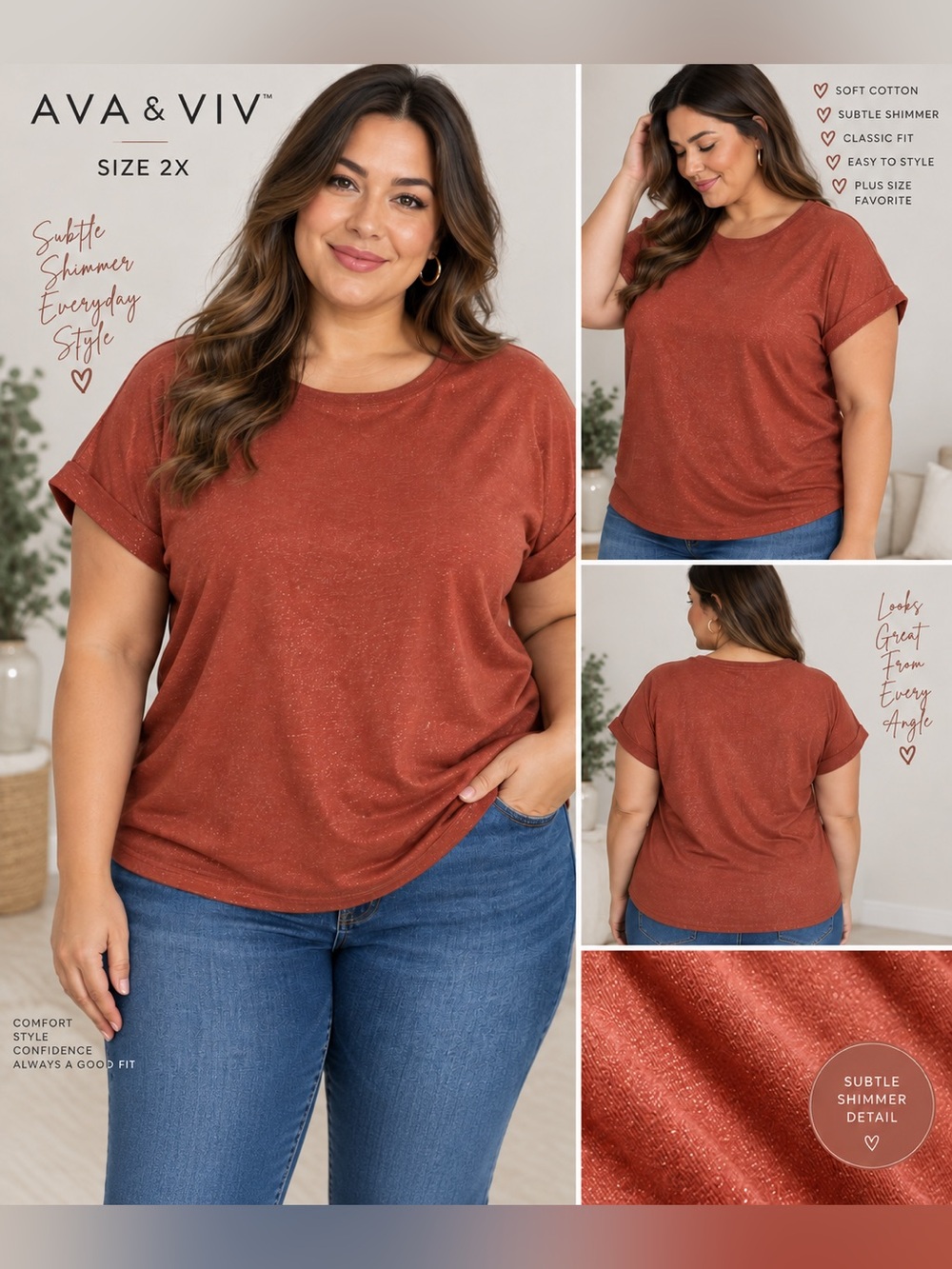 AVA & VIV Plus Size Shimmer Short Sleeve Tee - Rust